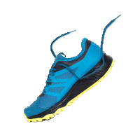 a pair of blue and black running shoes with a yellow bottom