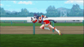 a girl in a red dress is jumping over a fence