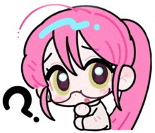 a cartoon girl with pink hair has a question mark on her forehead