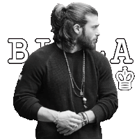 a black and white photo of a man with a ponytail and the letter b and a behind him