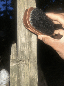 a person holding a brush against a wooden pole