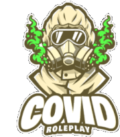 a sticker that says covid roleplay with a man wearing a gas mask