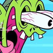 a close up of a cartoon character 's face with a huge mouth and teeth .