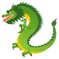 a green cartoon dragon with a yellow tail and red teeth