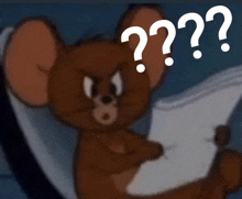 jerry from tom and jerry is holding a piece of paper with a question mark above his head