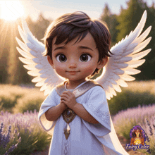 a little girl with angel wings is standing in a field of lavender