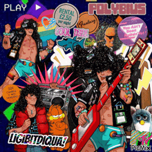 a poster for polybius shows a man holding a guitar and garfield holding a boombox