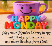a purple coffee cup with a smiley face on it says happy monday
