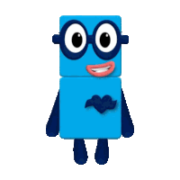 a blue block with glasses and a heart on his chest