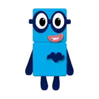 a blue block with glasses and a heart on his chest