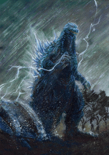 a painting of a monster in the water with lightning