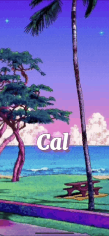 a painting of a beach with the word cal written on it