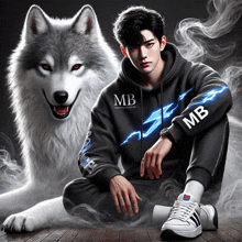 a man wearing a hoodie with mb on the sleeves sits next to a wolf