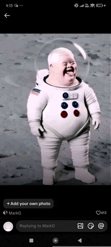 a picture of a fat man in an astronaut suit is being added to a facebook page