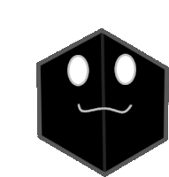 a black cube with two white circles on it 's face .