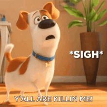 max from the secret life of pets is standing in front of a potted plant