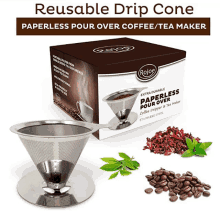 a drip cone with a box behind it that says reusable drip cone paperless pour over coffee / tea maker