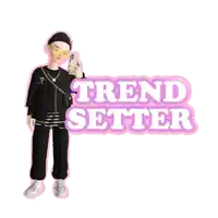 a sticker that says trend setter with a person holding a cell phone