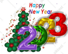 a happy new year greeting with a christmas tree and numbers