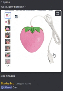 a picture of a pink strawberry computer mouse with a green stem