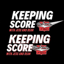 a logo for keeping score with jess and dean on a black background