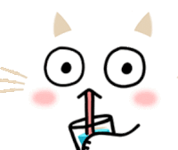 a drawing of a cat holding a cup with a straw in its mouth