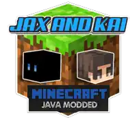 a logo for jax and kai minecraft java modded with a minecraft block