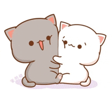 a cartoon of two cats hugging each other with chinese writing on the bottom right