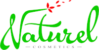 a green logo for naturel cosmetics with leaves on it