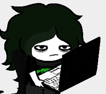 a pixel art of a girl with green hair using a laptop