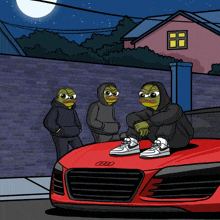 a cartoon of three frogs sitting on top of an audi