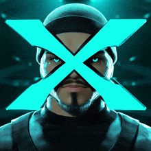 a man with a beard and blue eyes has an x on his face