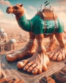 a giant camel with huge feet is sitting on top of a building .