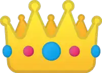 a yellow crown with three blue and pink circles on it