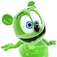 a green gummy bear with blue eyes and a black nose on a white background