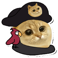 a sticker of a cat wearing a pirate hat with a bird on its head