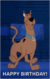a cartoon scooby doo says happy birthday on a blue background