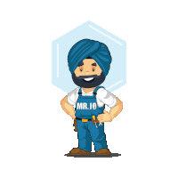 a cartoon illustration of a man with a turban and the name mr.jo on his overalls