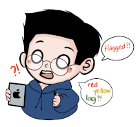 a cartoon of a boy holding an apple phone with a speech bubble that says flagged