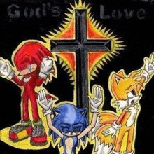 sonic the hedgehog , knuckles the echidna and tails are standing next to a cross .