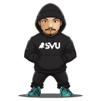 a cartoon drawing of a man wearing a black hoodie that says svu