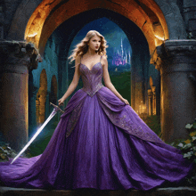 a woman in a purple dress is holding a sword in front of a castle