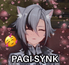 a girl with a cat ear and the words pagi synk on her face .