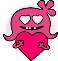 a cartoon character holding a pink heart with hearts in her eyes