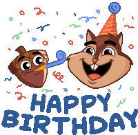 a chipmunk wearing a party hat is blowing a party horn next to an acorn and the words happy birthday