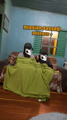 two men wearing skull masks sit on a couch under a green blanket with the words mission passed respect above them