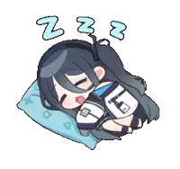 a pixel art illustration of a girl sleeping on a blue pillow