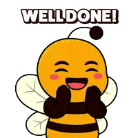 a cartoon bee says well done with its hands on its face