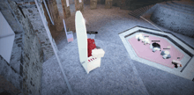 a screenshot of a video game shows a person sitting in a chair with a red flower on it