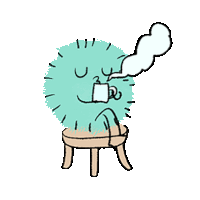 a cartoon of a cactus sitting on a stool drinking a cup of coffee